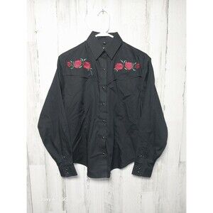 White Horse Women's Small Black Pearl Snap Shirt Embroidered Roses